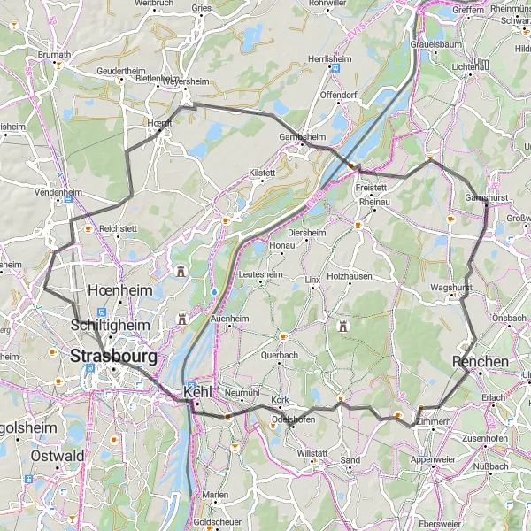Miniature de la carte de l'inspiration cycliste "Tour à vélo Strasbourg-Renchen" dans la Alsace, France. Générée par le planificateur d'itinéraire cycliste Tarmacs.app