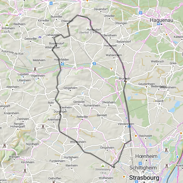 Miniature de la carte de l'inspiration cycliste "Parcours cycliste Durningen-Oberfeld" dans la Alsace, France. Générée par le planificateur d'itinéraire cycliste Tarmacs.app