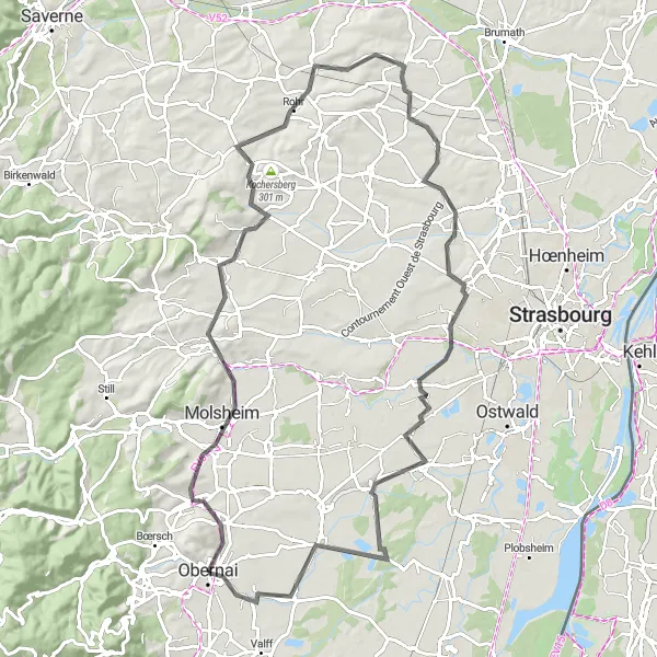 Map miniature of "Tour of Obernai and Surroundings" cycling inspiration in Alsace, France. Generated by Tarmacs.app cycling route planner