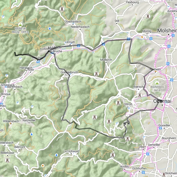 Map miniature of "Obernai to Rocher du Geissfels Road Cycling Route" cycling inspiration in Alsace, France. Generated by Tarmacs.app cycling route planner