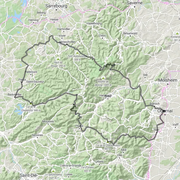 Miniature de la carte de l'inspiration cycliste "Le Défi des Montagnes" dans la Alsace, France. Générée par le planificateur d'itinéraire cycliste Tarmacs.app