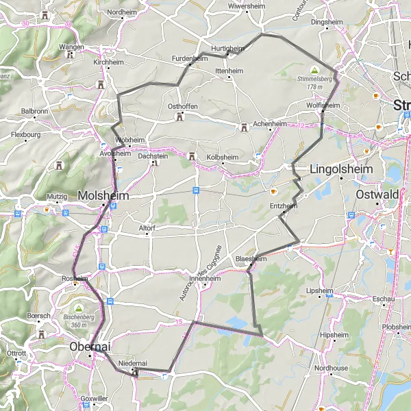 Miniature de la carte de l'inspiration cycliste "Boucle de Molsheim et Stimmelsberg" dans la Alsace, France. Générée par le planificateur d'itinéraire cycliste Tarmacs.app