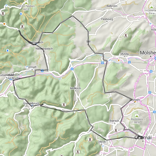 Miniature de la carte de l'inspiration cycliste "Circuit d'Ottrott et Rocher du Geissfels" dans la Alsace, France. Générée par le planificateur d'itinéraire cycliste Tarmacs.app
