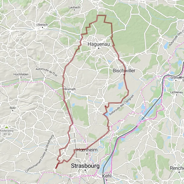Map miniature of "Gravel Cycling Route - Oberschaeffolsheim Grand Tour" cycling inspiration in Alsace, France. Generated by Tarmacs.app cycling route planner