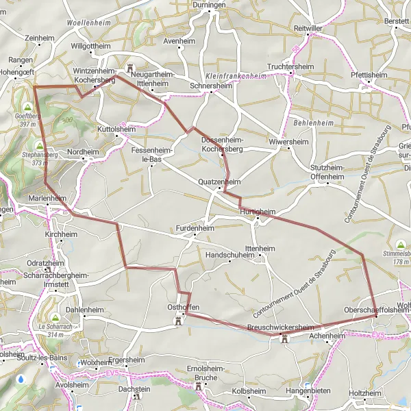 Miniature de la carte de l'inspiration cycliste "Boucle des Voies Vertes d'Alsace" dans la Alsace, France. Générée par le planificateur d'itinéraire cycliste Tarmacs.app
