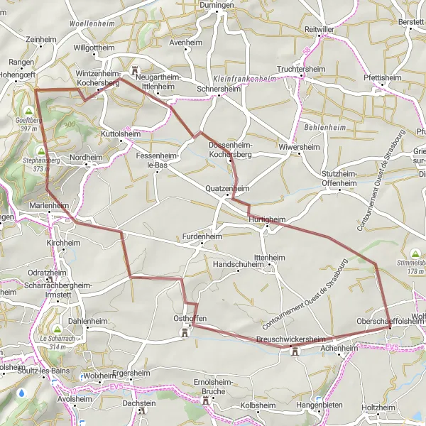 Map miniature of "Gravel Adventure in Kochersberg" cycling inspiration in Alsace, France. Generated by Tarmacs.app cycling route planner