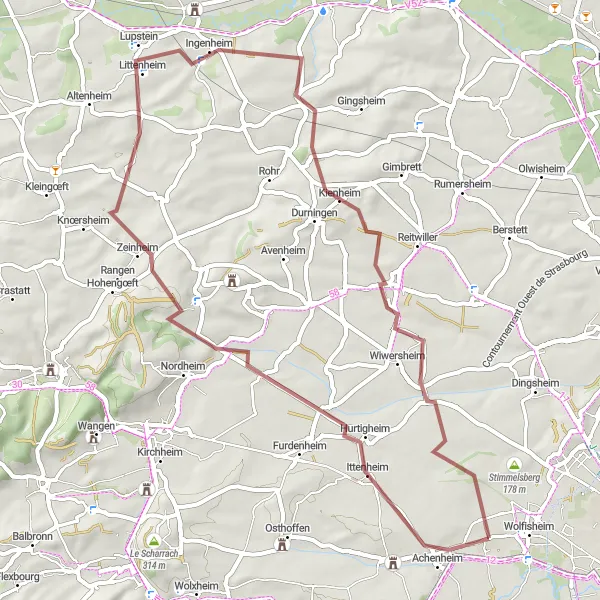 Map miniature of "Kochersberg Gravel Loop" cycling inspiration in Alsace, France. Generated by Tarmacs.app cycling route planner