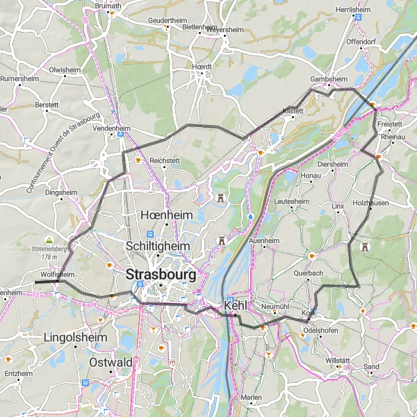 Map miniature of "Oberschaeffolsheim Road Cycling Route" cycling inspiration in Alsace, France. Generated by Tarmacs.app cycling route planner