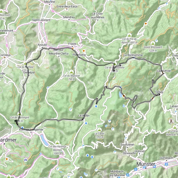 Miniature de la carte de l'inspiration cycliste "Le Défi du Col du Surceneux et du Plafond" dans la Alsace, France. Générée par le planificateur d'itinéraire cycliste Tarmacs.app