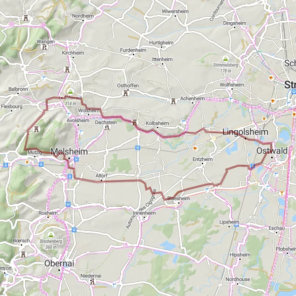 Miniature de la carte de l'inspiration cycliste "Circuit de Gravel à partir d'Ostwald" dans la Alsace, France. Générée par le planificateur d'itinéraire cycliste Tarmacs.app