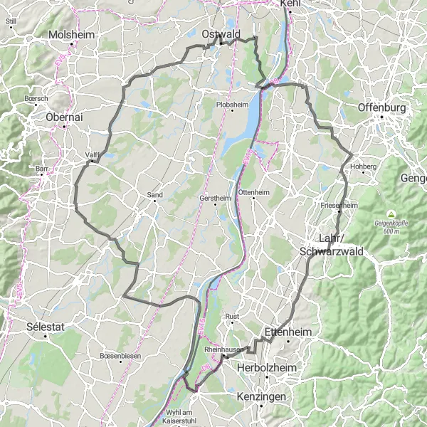 Miniature de la carte de l'inspiration cycliste "Parcours Routier à travers la Plaine d'Alsace" dans la Alsace, France. Générée par le planificateur d'itinéraire cycliste Tarmacs.app