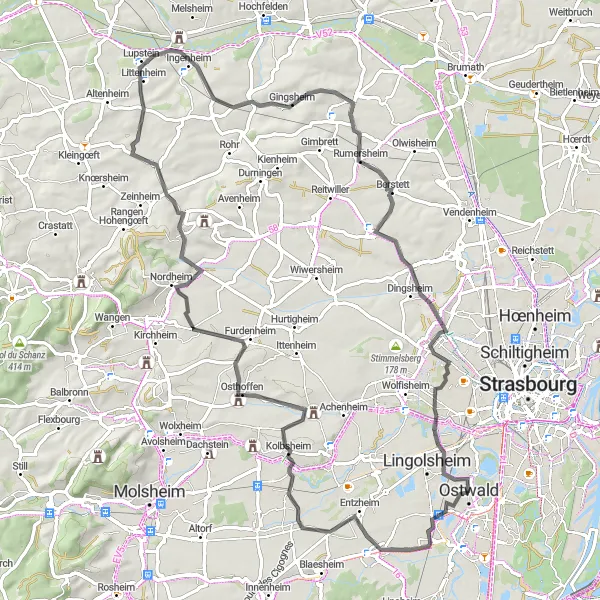 Map miniature of "Ostwald - Strasbourg Round-Trip" cycling inspiration in Alsace, France. Generated by Tarmacs.app cycling route planner