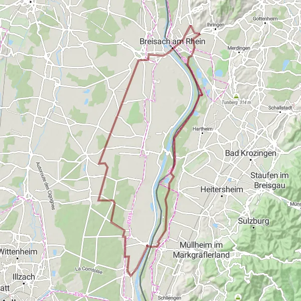 Map miniature of "The Rhein Valley and Alsatian Vineyard" cycling inspiration in Alsace, France. Generated by Tarmacs.app cycling route planner