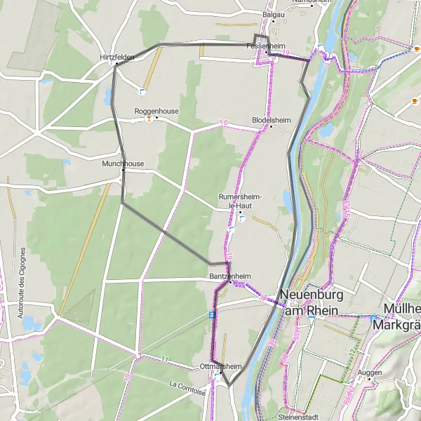 Miniature de la carte de l'inspiration cycliste "Boucle à travers les villages pittoresques" dans la Alsace, France. Générée par le planificateur d'itinéraire cycliste Tarmacs.app