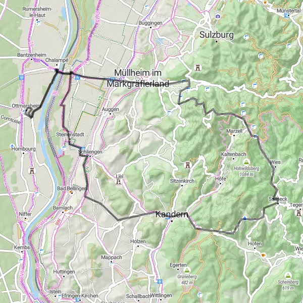 Map miniature of "The Hills of Alsace" cycling inspiration in Alsace, France. Generated by Tarmacs.app cycling route planner