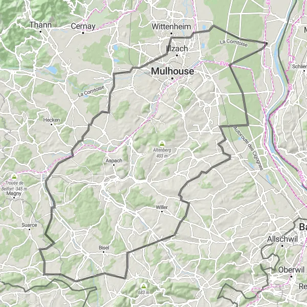 Map miniature of "Exploring Ottmarsheim and Surroundings" cycling inspiration in Alsace, France. Generated by Tarmacs.app cycling route planner