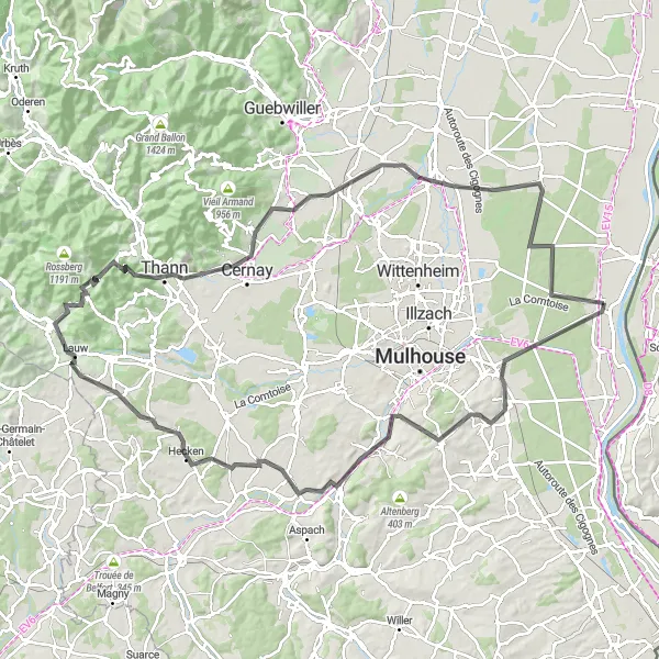 Map miniature of "Challenging Hills and Picturesque Villages" cycling inspiration in Alsace, France. Generated by Tarmacs.app cycling route planner