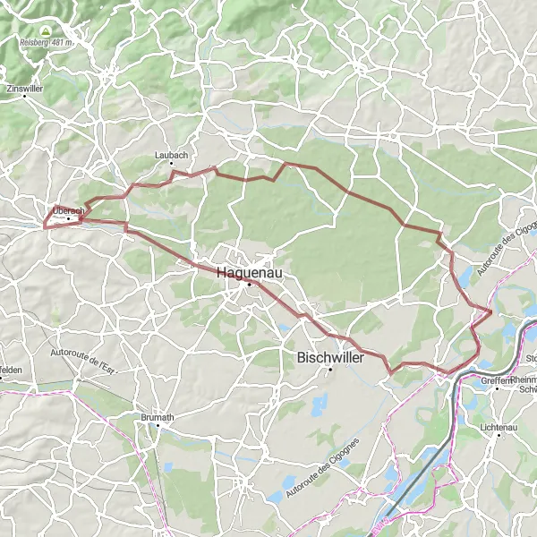 Map miniature of "Cycle through Niedermodern, Eschbach, and Sessenheim" cycling inspiration in Alsace, France. Generated by Tarmacs.app cycling route planner
