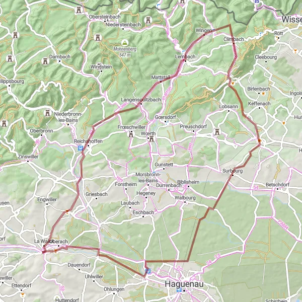 Miniature de la carte de l'inspiration cycliste "Aventure à travers les Vosges du Nord" dans la Alsace, France. Générée par le planificateur d'itinéraire cycliste Tarmacs.app