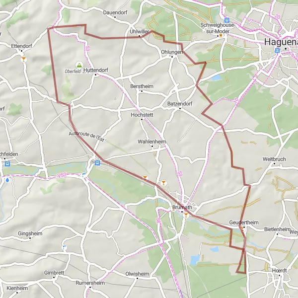 Miniature de la carte de l'inspiration cycliste "Boucle à travers les villages alsaciens" dans la Alsace, France. Générée par le planificateur d'itinéraire cycliste Tarmacs.app