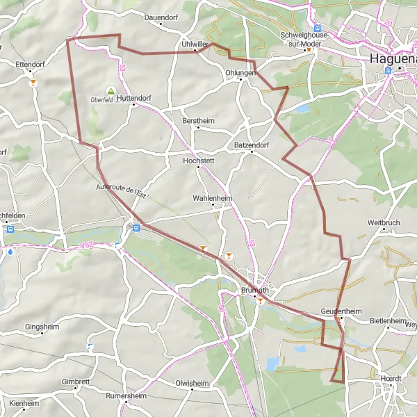 Map miniature of "Scenic Gravel Cycling near Pfaffenhoffen" cycling inspiration in Alsace, France. Generated by Tarmacs.app cycling route planner