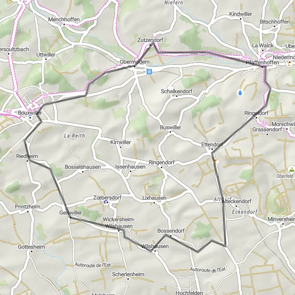 Map miniature of "A Short Ride through Alsace" cycling inspiration in Alsace, France. Generated by Tarmacs.app cycling route planner