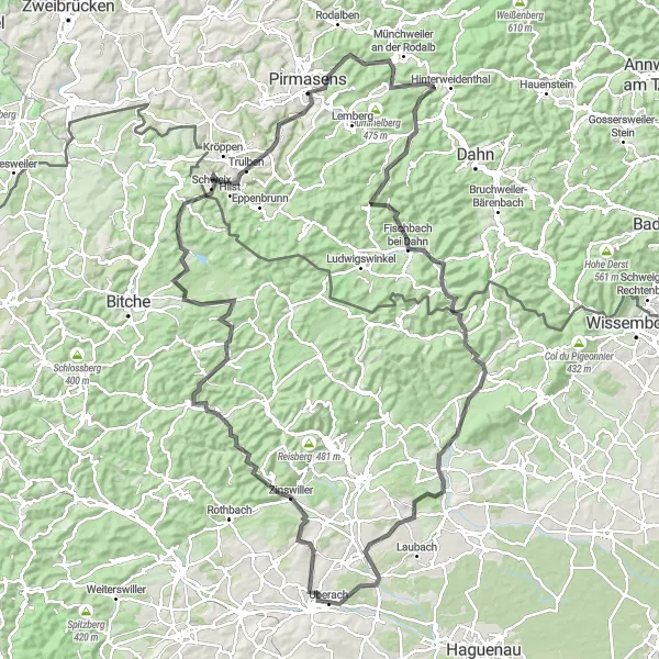 Map miniature of "Challenge yourself on a Scenic Road Route from Pfaffenhoffen" cycling inspiration in Alsace, France. Generated by Tarmacs.app cycling route planner