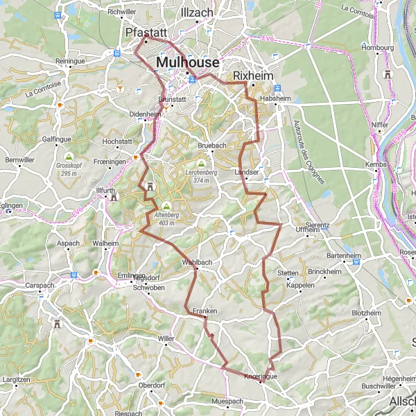 Miniature de la carte de l'inspiration cycliste "Tour Gravel à travers Mulhouse et Magstatt-le-Haut" dans la Alsace, France. Générée par le planificateur d'itinéraire cycliste Tarmacs.app