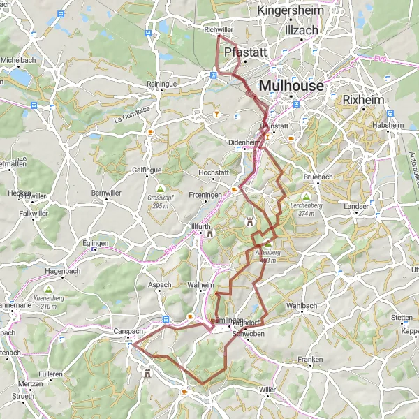 Map miniature of "Blissful Gravel Loop" cycling inspiration in Alsace, France. Generated by Tarmacs.app cycling route planner