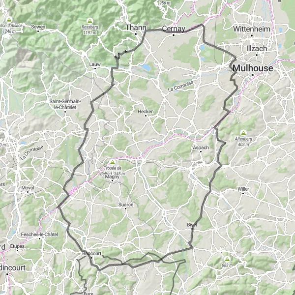 Map miniature of "Hills and Valleys" cycling inspiration in Alsace, France. Generated by Tarmacs.app cycling route planner