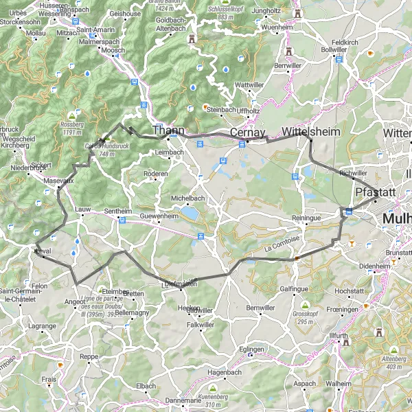 Miniature de la carte de l'inspiration cycliste "Les montagnes vosgiennes" dans la Alsace, France. Générée par le planificateur d'itinéraire cycliste Tarmacs.app