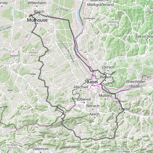 Miniature de la carte de l'inspiration cycliste "Itinéraire Route à travers Illzach et Mulhouse" dans la Alsace, France. Générée par le planificateur d'itinéraire cycliste Tarmacs.app