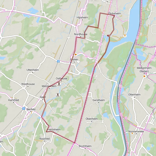Map miniature of "Plobsheim Gravel Loop" cycling inspiration in Alsace, France. Generated by Tarmacs.app cycling route planner