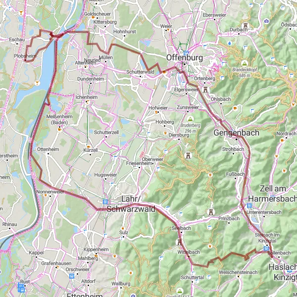 Map miniature of "Plobsheim Gravel Adventure" cycling inspiration in Alsace, France. Generated by Tarmacs.app cycling route planner