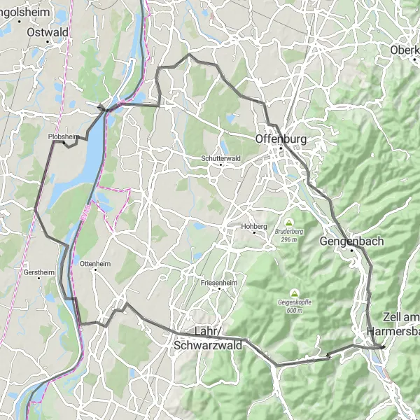 Map miniature of "Plobsheim to Château des Zorn Scenic Road Trip" cycling inspiration in Alsace, France. Generated by Tarmacs.app cycling route planner