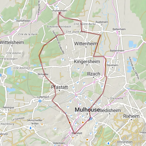 Map miniature of "Mulhouse Loop" cycling inspiration in Alsace, France. Generated by Tarmacs.app cycling route planner