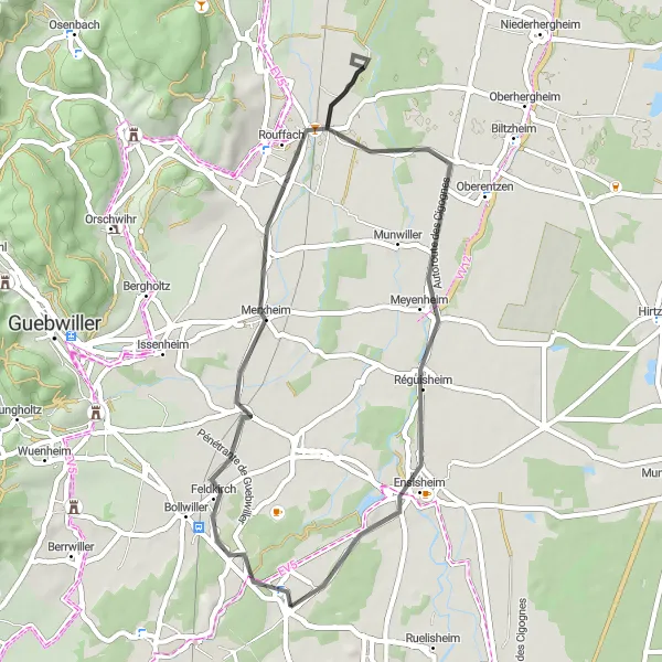 Map miniature of "Pulversheim to Gundolsheim Loop" cycling inspiration in Alsace, France. Generated by Tarmacs.app cycling route planner