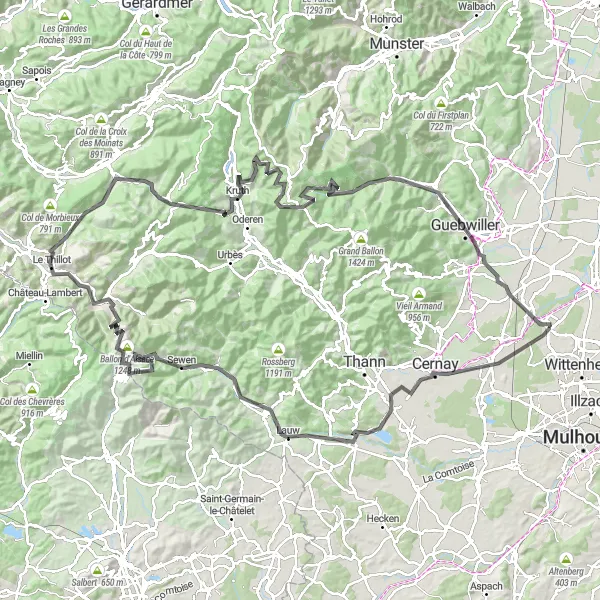 Map miniature of "Climbing Challenge in the Vosges" cycling inspiration in Alsace, France. Generated by Tarmacs.app cycling route planner