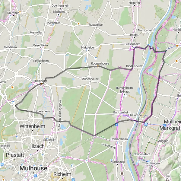 Map miniature of "Scenic Loop from Pulversheim" cycling inspiration in Alsace, France. Generated by Tarmacs.app cycling route planner