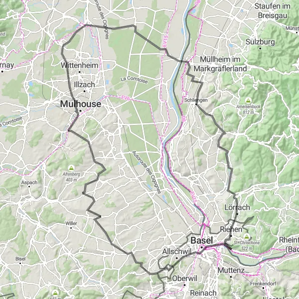 Miniature de la carte de l'inspiration cycliste "Pulversheim - Basel Road Cycling Adventure" dans la Alsace, France. Générée par le planificateur d'itinéraire cycliste Tarmacs.app