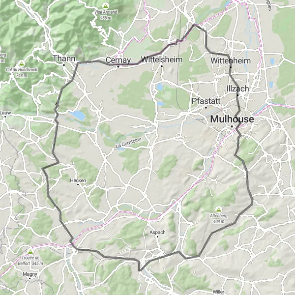 Map miniature of "Mulhouse Grand Tour" cycling inspiration in Alsace, France. Generated by Tarmacs.app cycling route planner