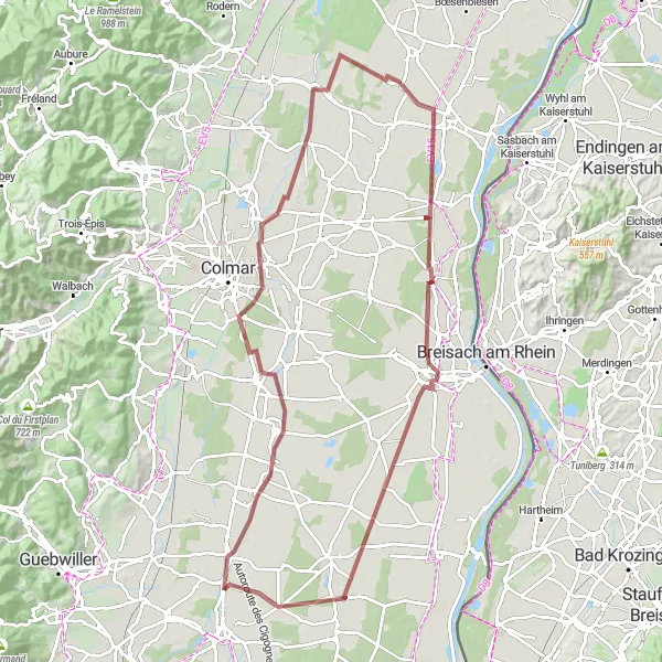 Miniature de la carte de l'inspiration cycliste "Escapade en gravel entre Biltzheim et Neuf-Brisach" dans la Alsace, France. Générée par le planificateur d'itinéraire cycliste Tarmacs.app