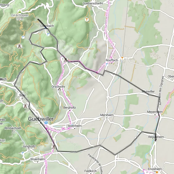 Map miniature of "Road Less Traveled" cycling inspiration in Alsace, France. Generated by Tarmacs.app cycling route planner