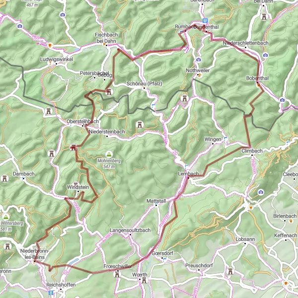 Miniature de la carte de l'inspiration cycliste "Les sommets des Vosges du Nord" dans la Alsace, France. Générée par le planificateur d'itinéraire cycliste Tarmacs.app
