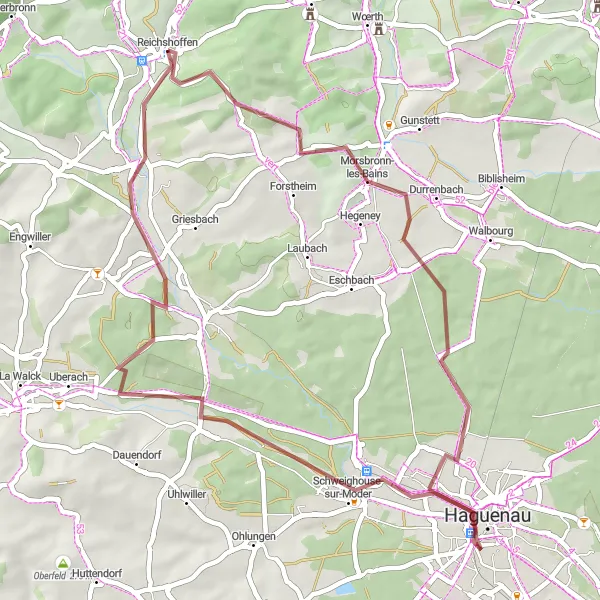 Map miniature of "Foothills of the Northern Vosges" cycling inspiration in Alsace, France. Generated by Tarmacs.app cycling route planner