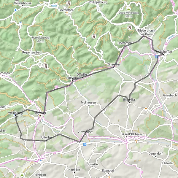 Map miniature of "Rural Charm of Alsace" cycling inspiration in Alsace, France. Generated by Tarmacs.app cycling route planner