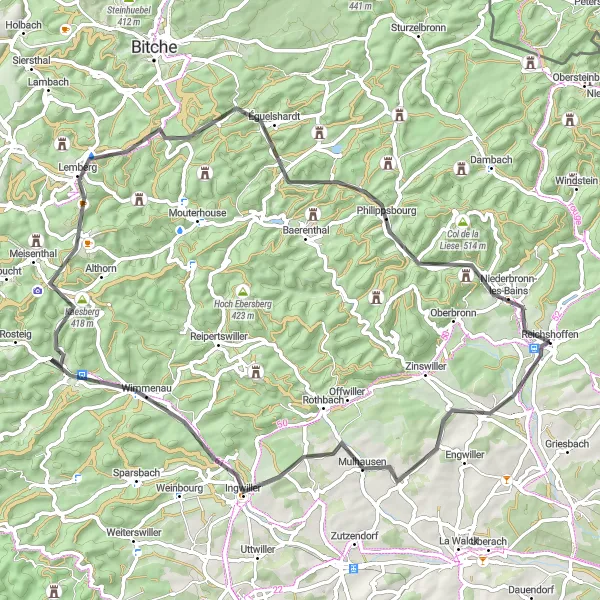 Map miniature of "Roads Less Traveled" cycling inspiration in Alsace, France. Generated by Tarmacs.app cycling route planner