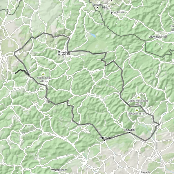 Map miniature of "Challenging Vosges Adventure" cycling inspiration in Alsace, France. Generated by Tarmacs.app cycling route planner