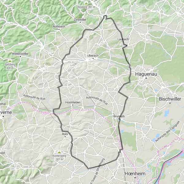 Map miniature of "Discovering Alsatian Roads" cycling inspiration in Alsace, France. Generated by Tarmacs.app cycling route planner