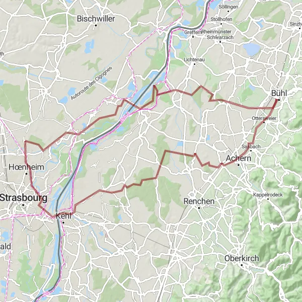 Map miniature of "Achern Adventure" cycling inspiration in Alsace, France. Generated by Tarmacs.app cycling route planner